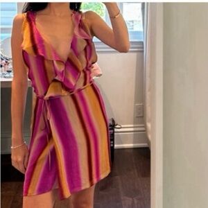 Zara Striped Ruffle V-Neck Mini Dress in Pink & Gold